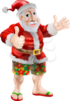Summer Santa in beach wear, long board shorts or Bermuda shorts and flip-flop sandals doing a thumbs up.
