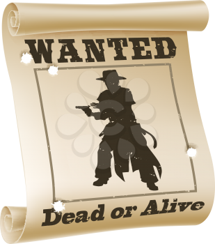 An illustration of a wanted poster with text wanted dead or alive, cowboy silhouette and bullet holes
