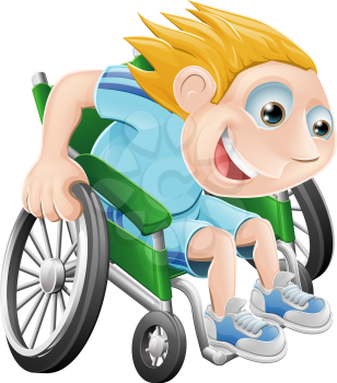 Cartoon illustration of a happy boy racing in his wheelchair