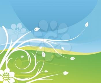 Royalty Free Clipart Image of Grass and Sky With Floral Flourishes