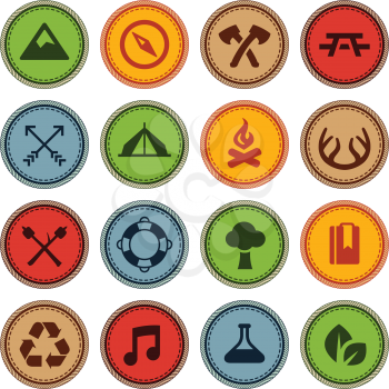 Set of scout merit badges for outdoor and academic activities