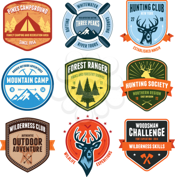 Set of outdoor adventure badges and hunting emblems