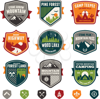 Set of vintage woods camp badges and travel emblems