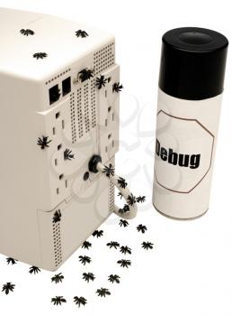 Royalty Free Photo of a Computer Covered in Ants with a Bottle of Debug Spray