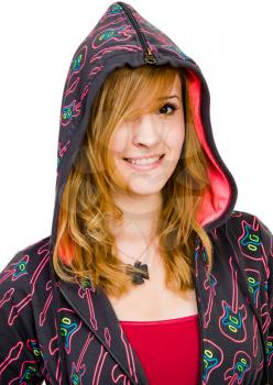 Royalty Free Photo of a Woman Wearing a Hooded Jacket and Smiling