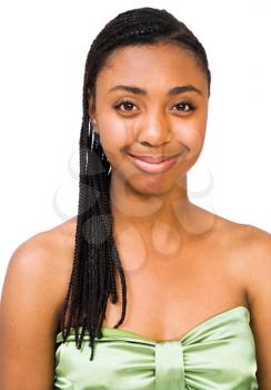 Confident teenage girl posing and smiling isolated over white