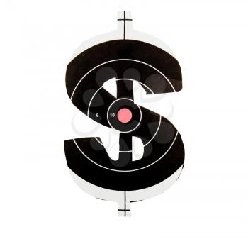 Dollar symbol on a dartboard isolated over white