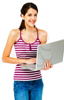 Woman using a laptop and smiling isolated over white