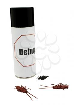 Dead cockroaches near an insect repellent isolated over white