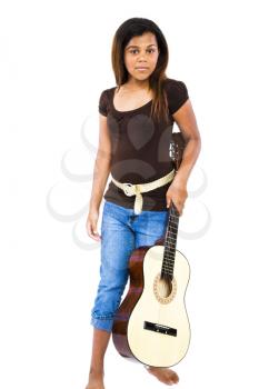 African American girl holding a guitar isolated over white