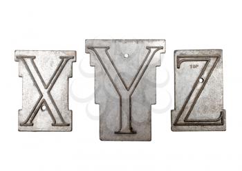 Text XYZ on metal sheets isolated over white