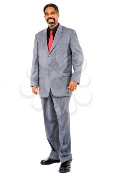 Happy businessman posing isolated over white