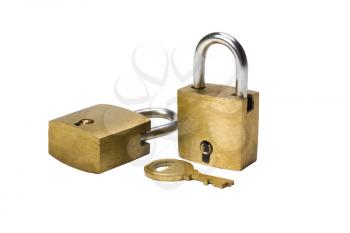 Close-up of two padlocks and a key