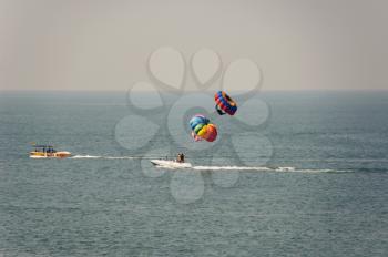 Tourists parasailing in the sea, Goa, India