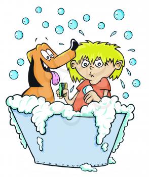 Royalty Free Clipart Image of a Boy and a Dog in a Wash Tub