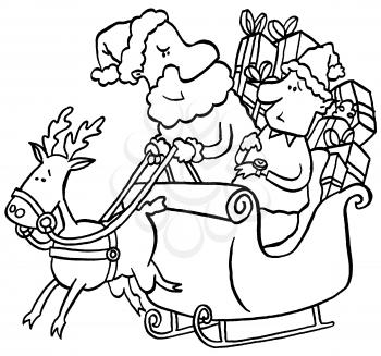 Royalty Free Clipart Image of Santa and an Elf in a Sleigh With a Reindeer