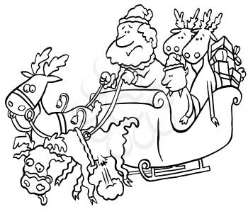 Royalty Free Clipart Image of Santa in His Sleigh With a Deflated Reindeer