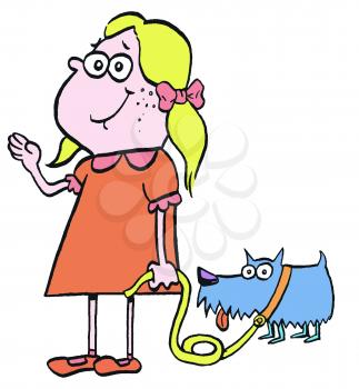 Royalty Free Clipart Image of a Girl Walking a Dog