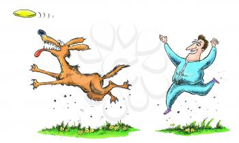 Royalty Free Clipart Image of a Man Throwing a Frisbee for a Dog