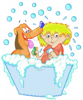 Royalty Free Clipart Image of a Boy Washing a Dog