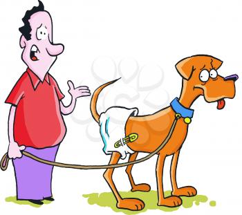 Royalty Free Clipart Image of a Man Walking a Dog in a Diaper