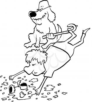 Royalty Free Clipart Image of a Dog Tripping a Man With a Cane
