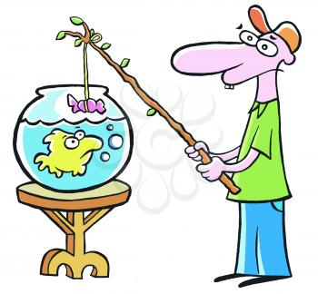 Royalty Free Clipart Image of a Man Fishing in a Fish Bowl