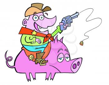 Royalty Free Clipart Image of a Cowboy on a Pig