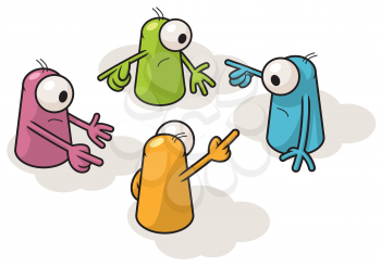 Royalty Free Clipart Image of Four One-Eyed Creatures in a Square Pointing at Each Other
