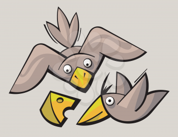 Royalty Free Clipart Image of Cartoon Birds and Cheese
