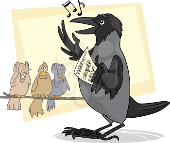 Royalty Free Clipart Image of a Singing Crow and Disgusted Birds Behind It