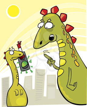 Royalty Free Clipart Image of an Adult Dinosaur Angry With a Younger Dinosaur for Taking a Streetlight