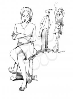 Royalty Free Clipart Image of a Woman Sitting With Her Arms Crossed While People Are Talking Behind Her
