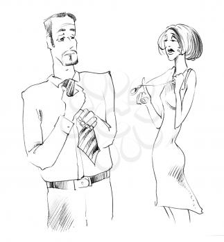 Royalty Free Clipart Image of a Man Straightening His Tie and a Woman Playing With Her Necklace
