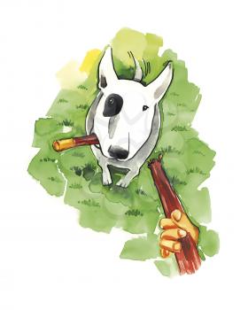 Royalty Free Clipart Image of a Bull Terrier With a Stick