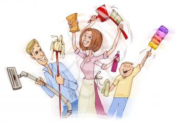 Royalty Free Clipart Image of a Family Cleaning