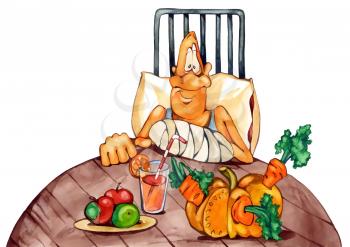 Royalty Free Clipart Image of a Man in Bed With a Broken Arm and Healthy Food