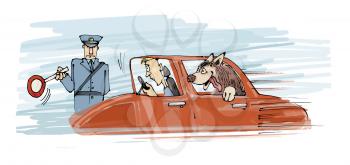 Royalty Free Clipart Image of a Policeman Stopping a Car With a Dog