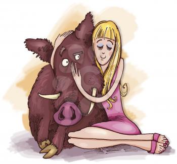 Royalty Free Clipart Image of a Girl With a Wild Boar