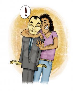 Royalty Free Clipart Image of a Man Hugging an Asian Man