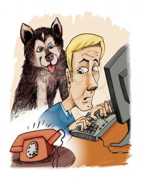 Royalty Free Clipart Image of a Man at the Computer and With His Dog Behind Him