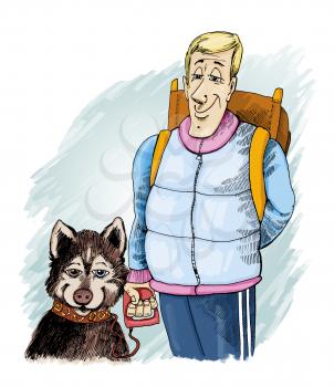 Royalty Free Clipart Image of a Dog and a Man With a Backpack