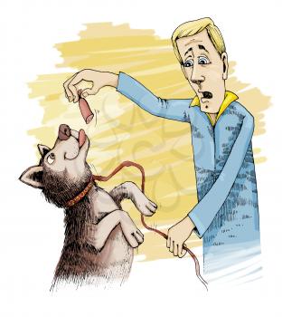 Royalty Free Clipart Image of a Man Giving a Dog a Treat