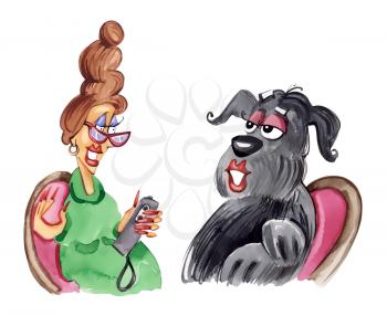 Royalty Free Clipart Image of a Woman Interviewing a Shaggy Dog