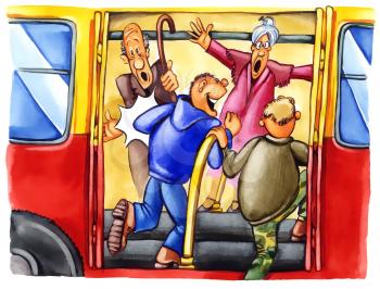 Royalty Free Clipart Image of Naughty Boys Bothering Two Elderly People on a Bus
