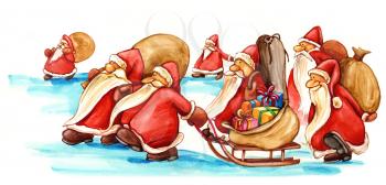 Royalty Free Clipart Image of a Group of Santa Clauses With Gifts