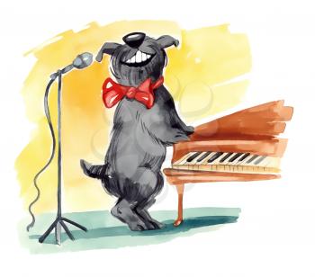 Royalty Free Clipart Image of a Dog Singing Beside a Piano
