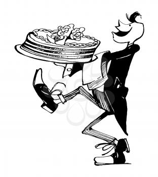 Royalty Free Clipart Image of a Waiter With a Big Cake