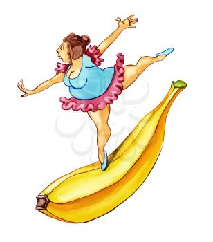 Royalty Free Clipart Image of an Overweight Ballerina on a Banana