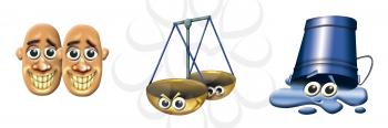 Royalty Free Clipart Image of Two Faces, Scales and a Water Bucket